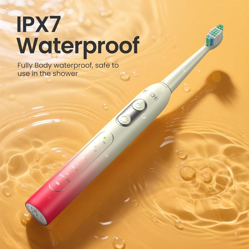 YUNCHI Electric Toothbrush Birthday/Valentine Plastic 8 Dupont Heads 24-Mo Deep Cleans Gentle Gums Removes Stains 3Hr USB-C 90d 2-Min Timer/30s IPX7 - Yellow Red - Image 5